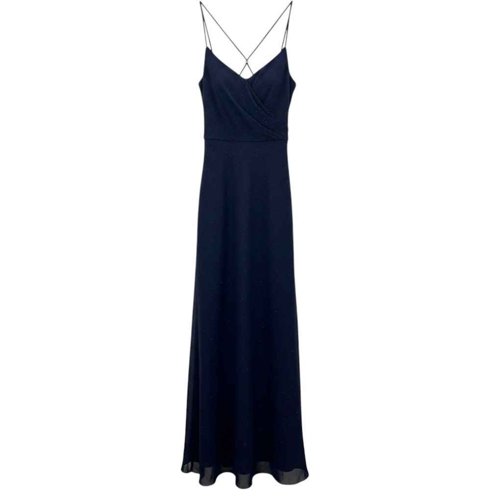 Y2K Onyx Nite Navy Blue Shimmer Lattice Back Formal Maxi Dress 6P Made in USA